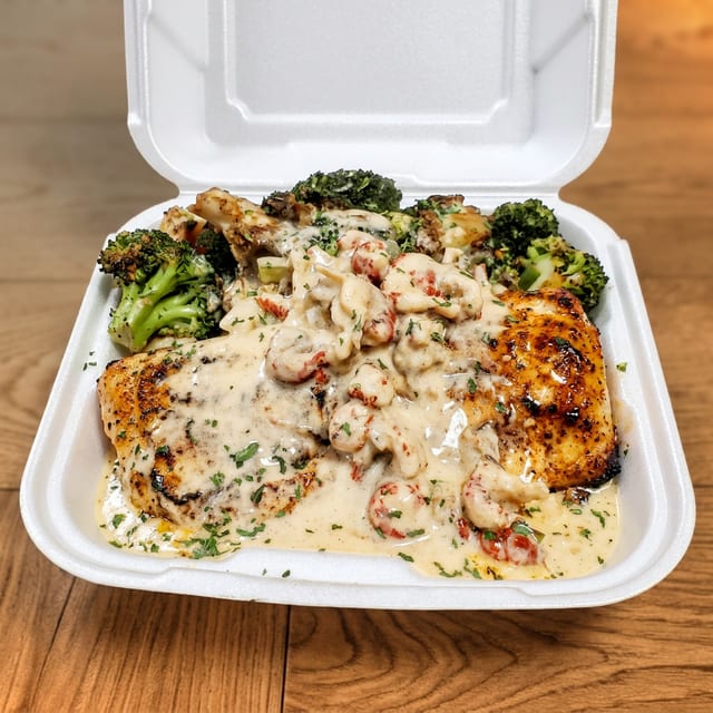 Honey Jerk Shrimp & Salmon Over Hibachi Rice.